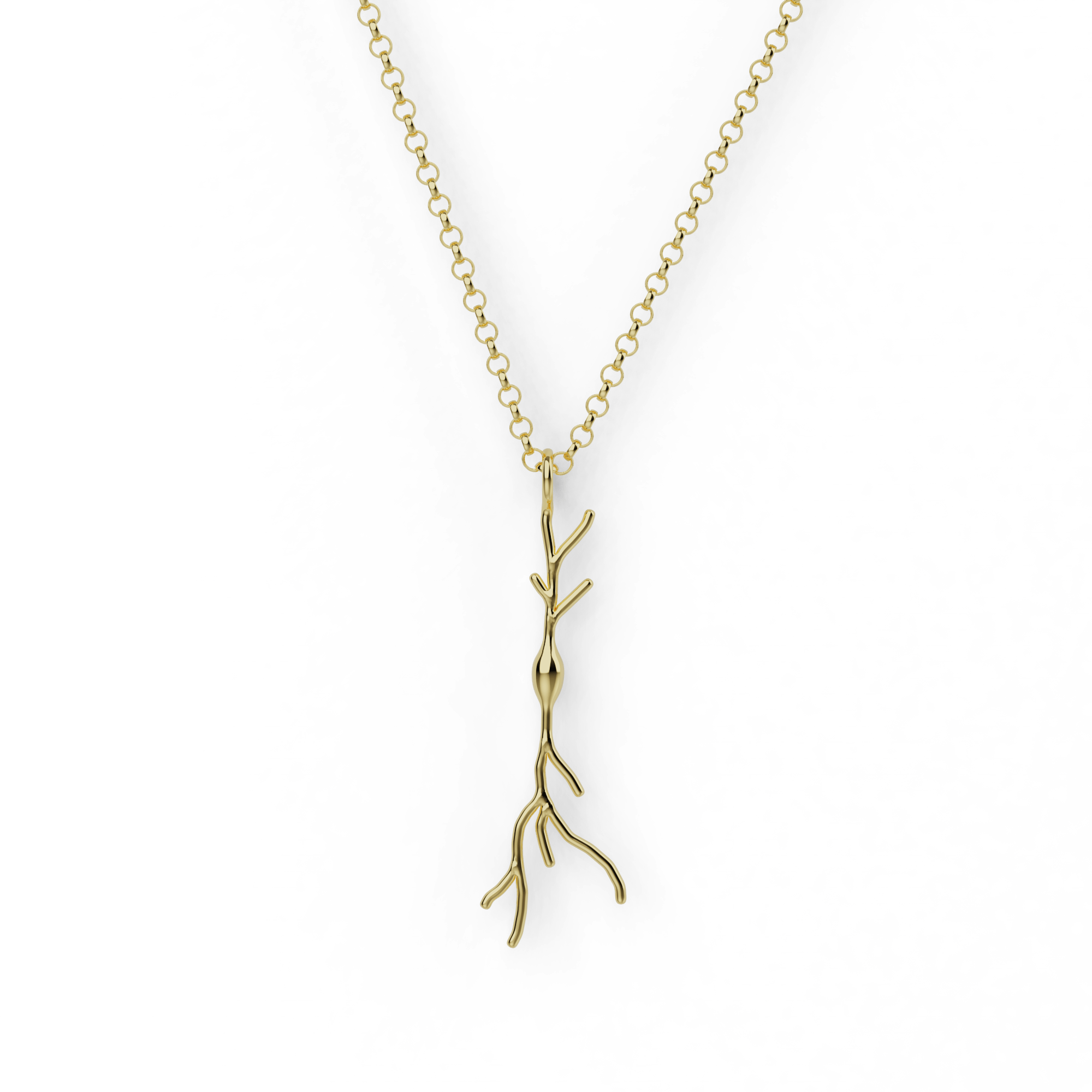 Gold vermeil spindle neuron necklace against a white background, showcasing its unique and scientific design. Gold vermeil spindle neuron necklace against a white background, showcasing its unique and scientific design.