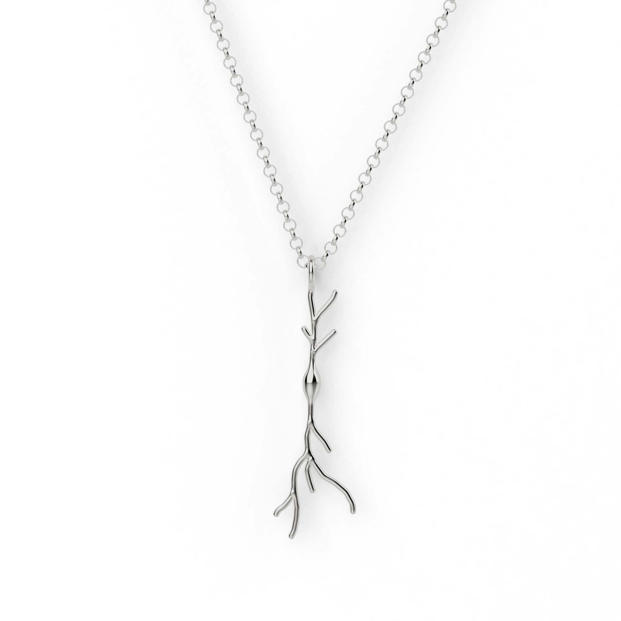 Close-up of a silver spindle neuron necklace, showcasing its sleek and scientific design. Close-up of a silver spindle neuron necklace, showcasing its sleek and scientific design.