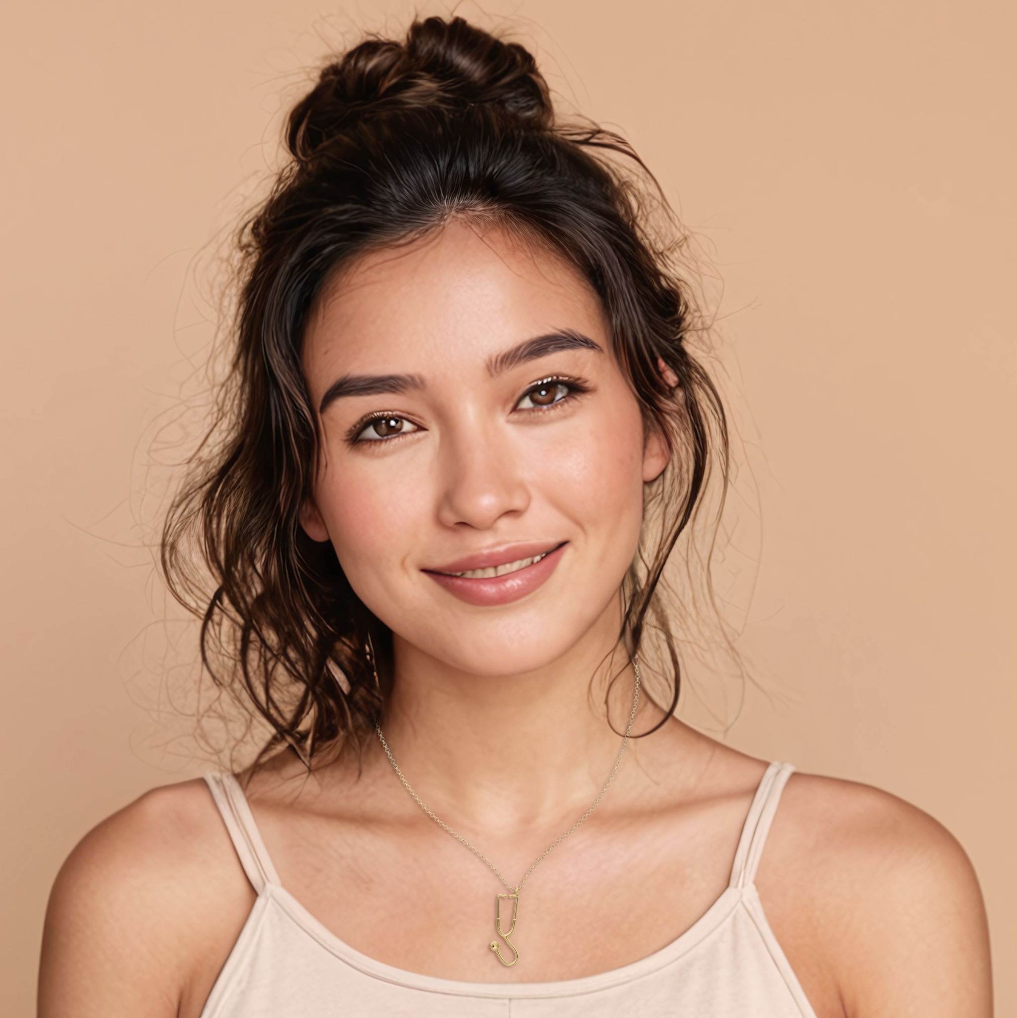 Woman wearing Gold Vermeil Stethoscope Necklace - stylish medical jewelry Woman wearing Gold Vermeil Stethoscope Necklace - stylish medical jewelry