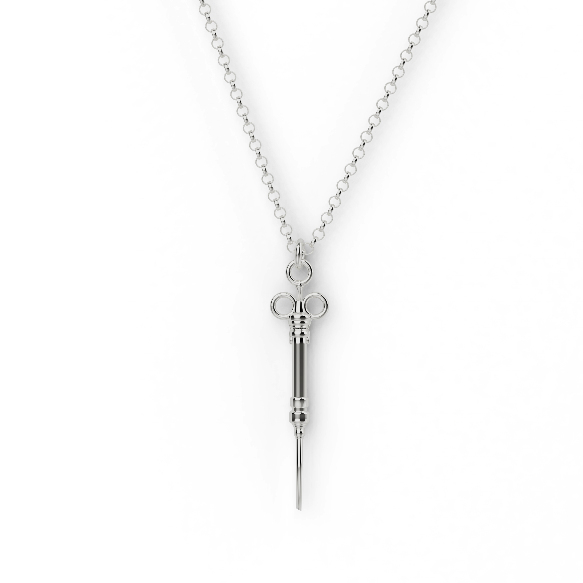 Silver syringe necklace with a delicate chain, perfect for science and healthcare enthusiasts. Silver syringe necklace with a delicate chain, perfect for science and healthcare enthusiasts.