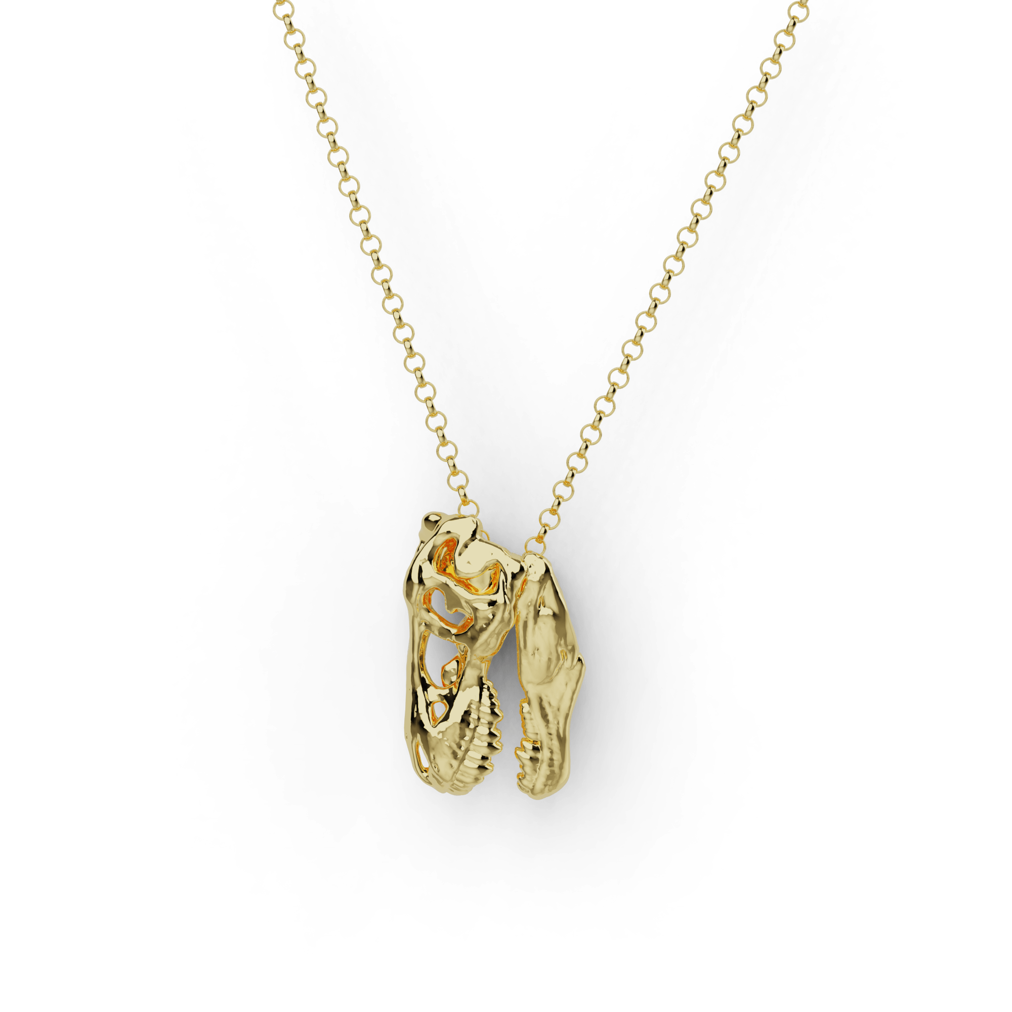 Close-up of gold T-Rex skull necklace on a white background. A finely detailed gold-plated Tyrannosaurus Rex skull pendant on a delicate chain. Close-up of gold T-Rex skull necklace on a white background. A finely detailed gold-plated Tyrannosaurus Rex skull pendant on a delicate chain.