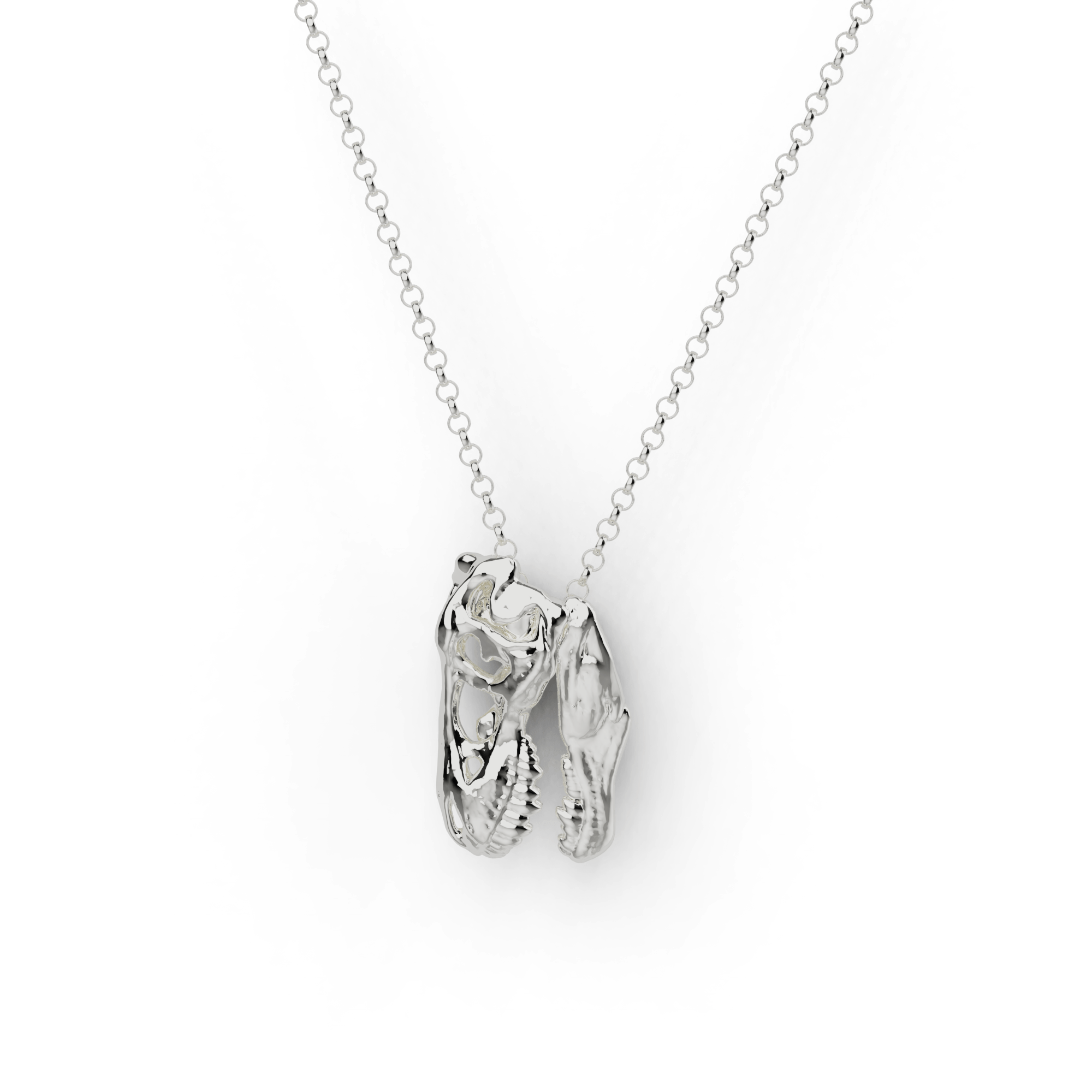 Close-up of T-Rex skull necklace in silver on white background. Intricately designed pendant featuring a detailed Tyrannosaurus Rex skull, perfect for dinosaur lovers. Close-up of T-Rex skull necklace in silver on white background. Intricately designed pendant featuring a detailed Tyrannosaurus Rex skull, perfect for dinosaur lovers.