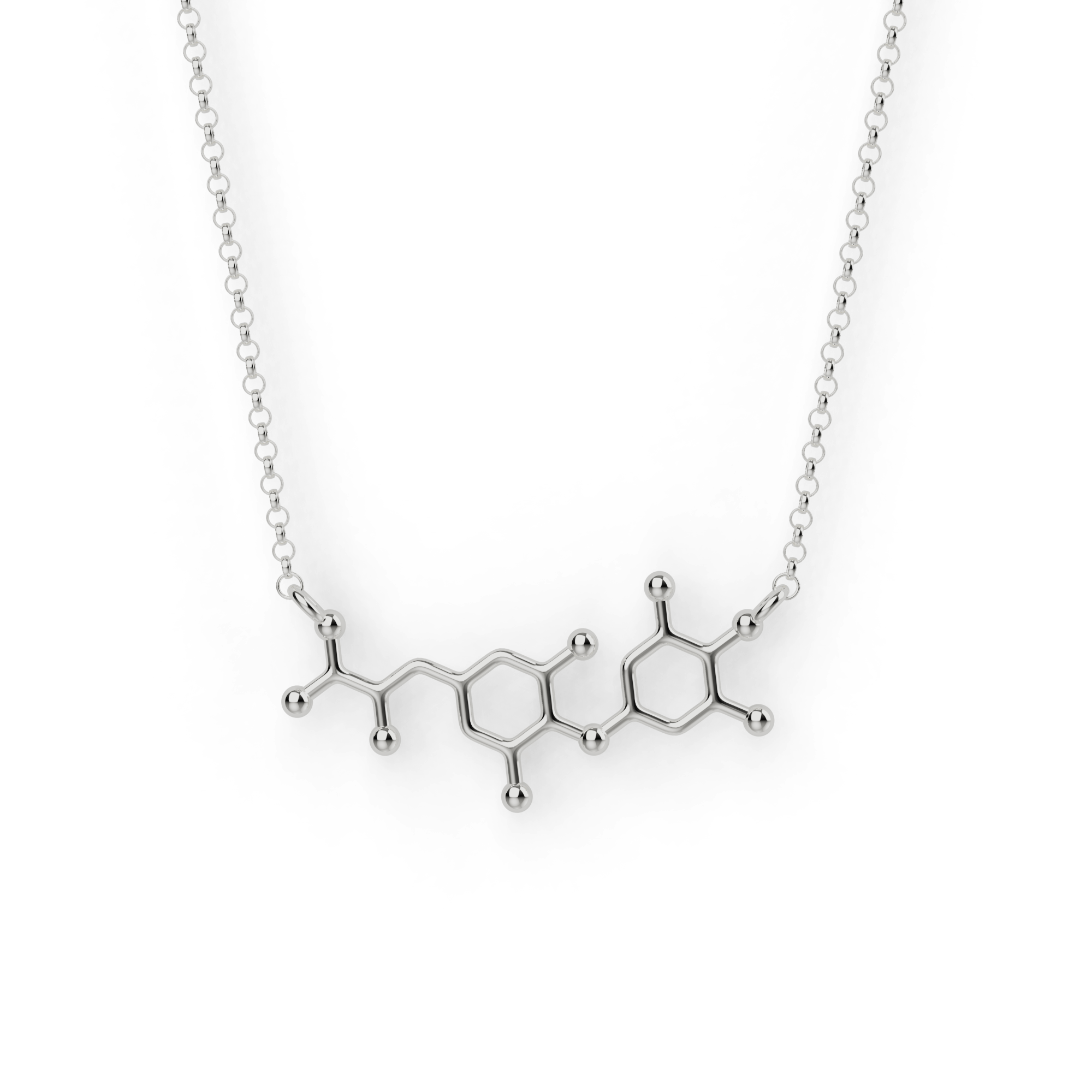 Close-up of a silver T4 thyroid necklace showcasing the intricate molecular structure of thyroxine, highlighting its iodine atoms. Close-up of a silver T4 thyroid necklace showcasing the intricate molecular structure of thyroxine, highlighting its iodine atoms.