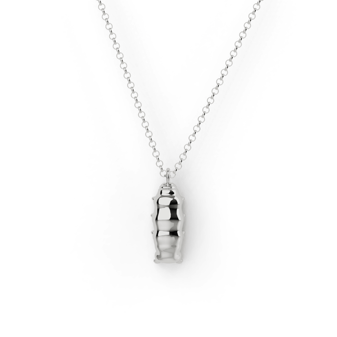 Silver tardigrade necklace hanging elegantly on a chain – science-inspired jewelry. Silver tardigrade necklace hanging elegantly on a chain – science-inspired jewelry.