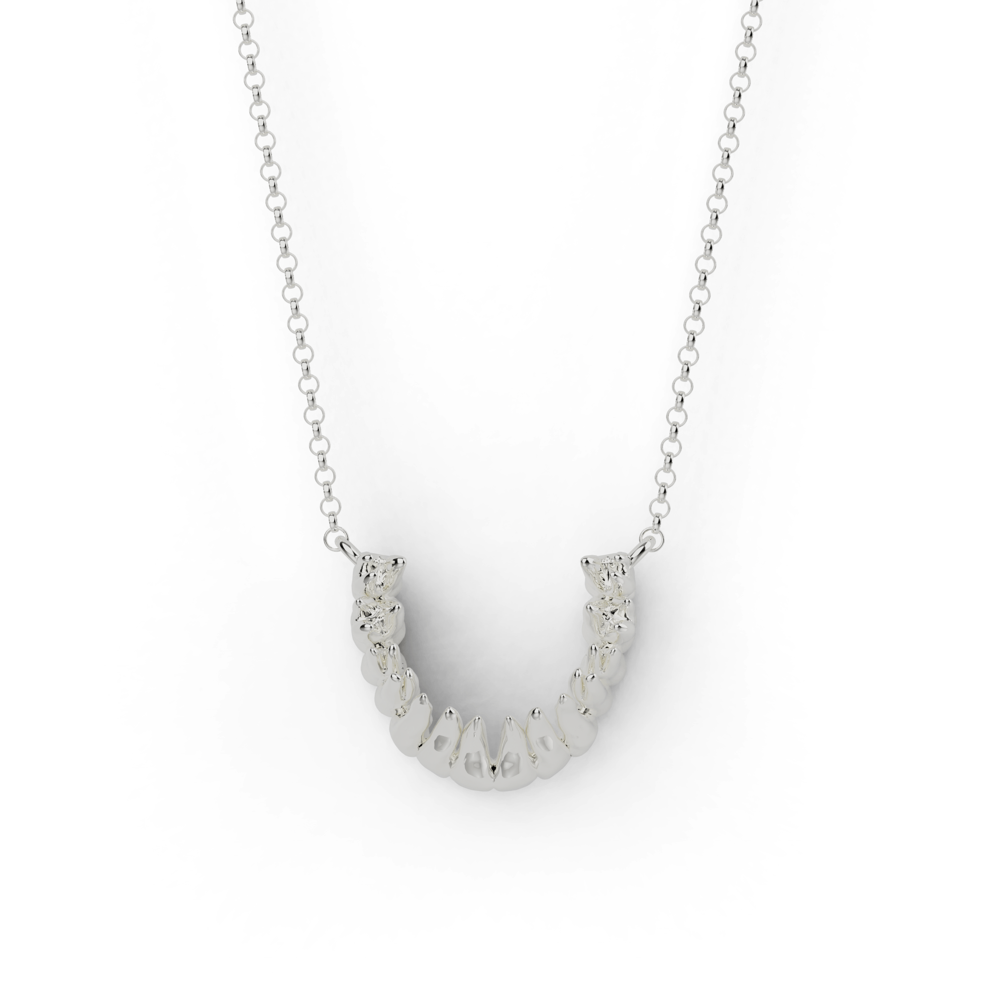 Sterling silver teeth necklace on a white background – science-inspired jewelry for dental enthusiasts. Sterling silver teeth necklace on a white background – science-inspired jewelry for dental enthusiasts.