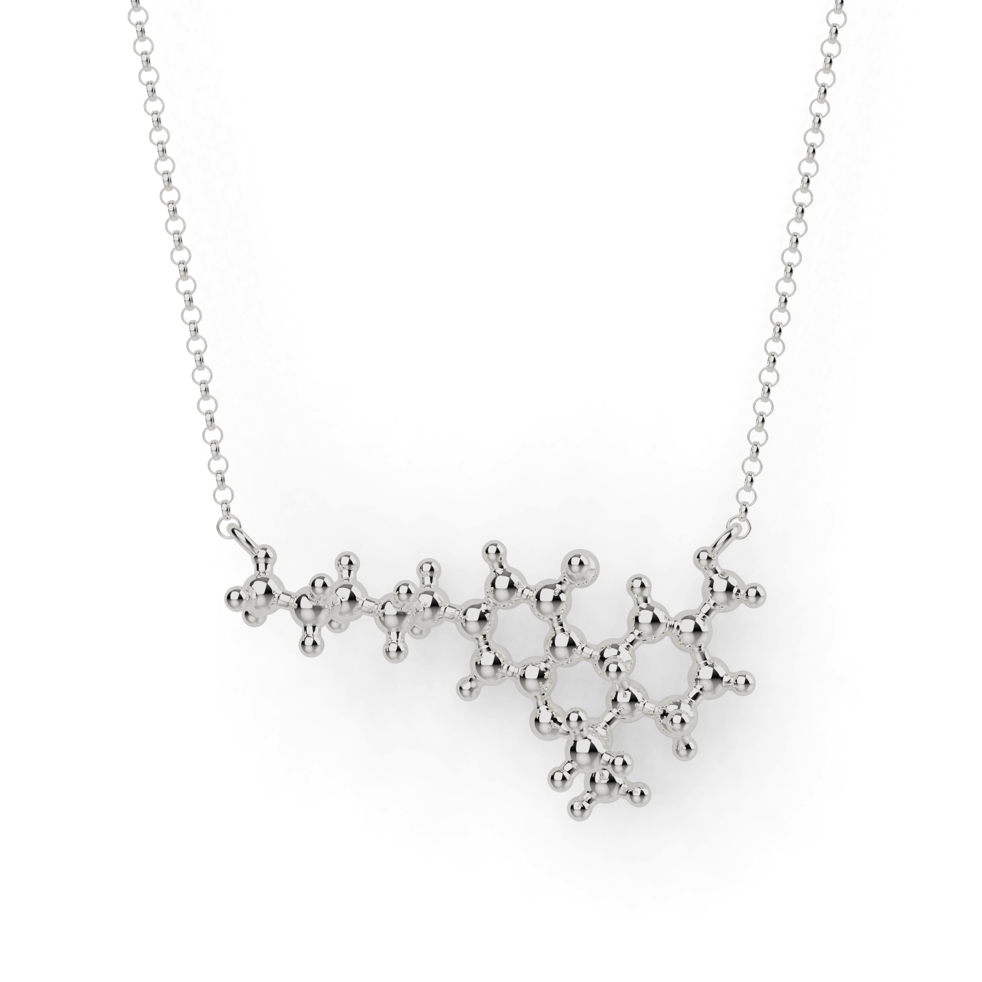 THC necklace in sterling silver, showcasing the molecular structure of THC, perfect for science enthusiasts. THC necklace in sterling silver, showcasing the molecular structure of THC, perfect for science enthusiasts.