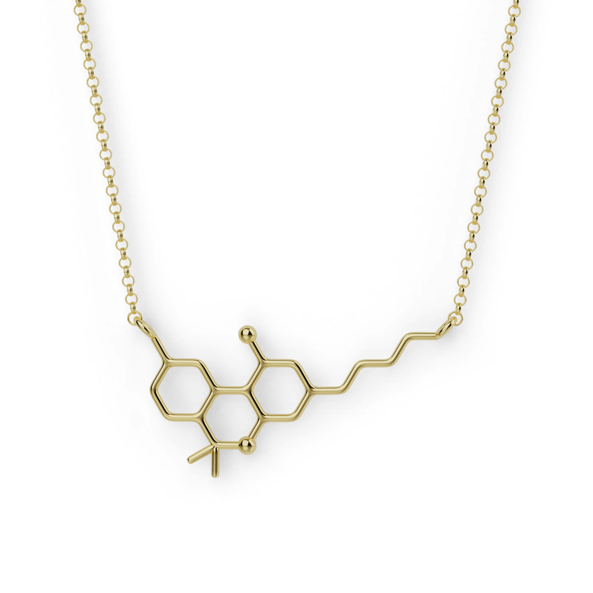 Gold vermeil THC molecule necklace – science-inspired jewelry for cannabis researchers and chemistry lovers. Gold vermeil THC molecule necklace – science-inspired jewelry for cannabis researchers and chemistry lovers.
