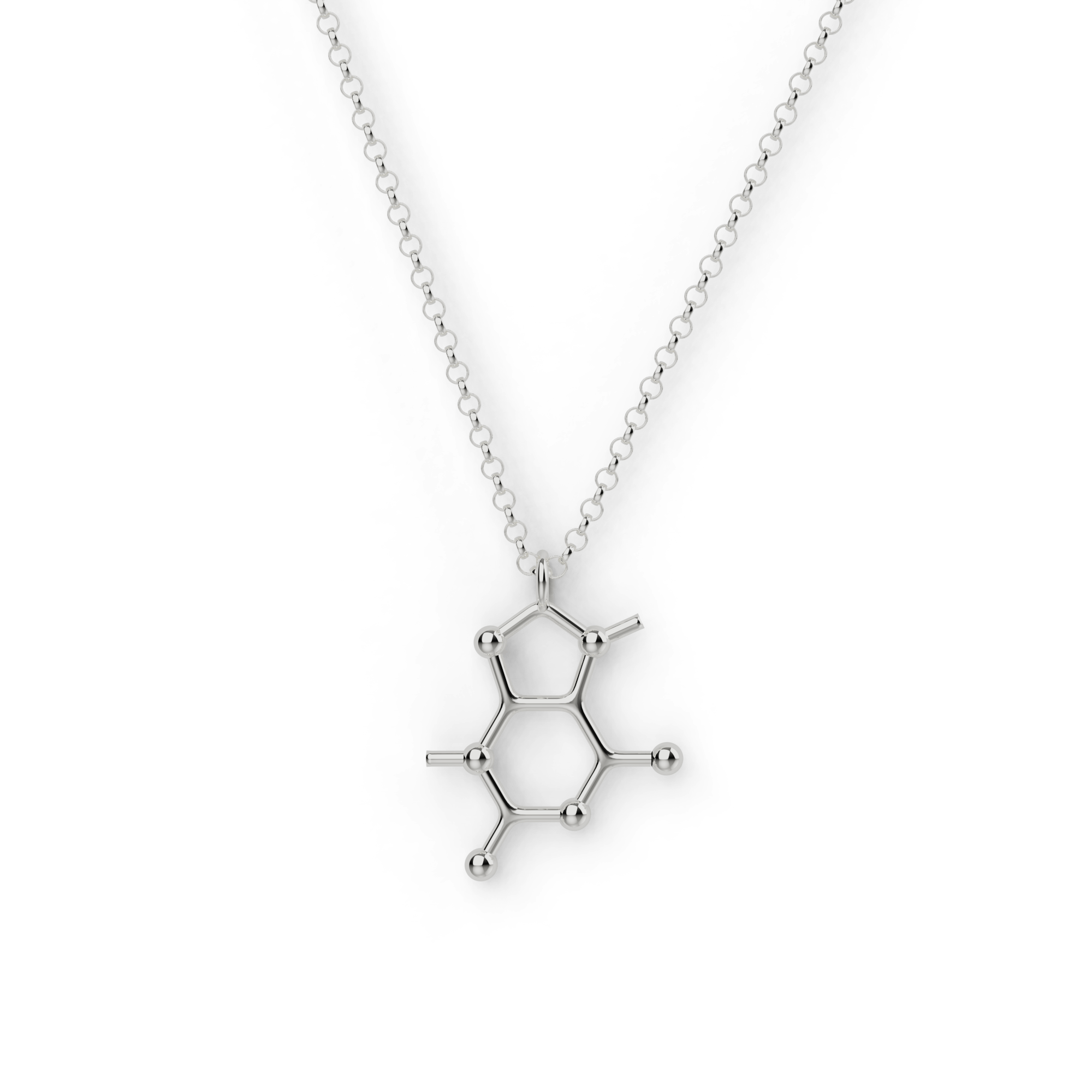 Silver theobromine necklace featuring the molecular structure of theobromine, inspired by chocolate and chemistry lovers. Silver theobromine necklace featuring the molecular structure of theobromine, inspired by chocolate and chemistry lovers.