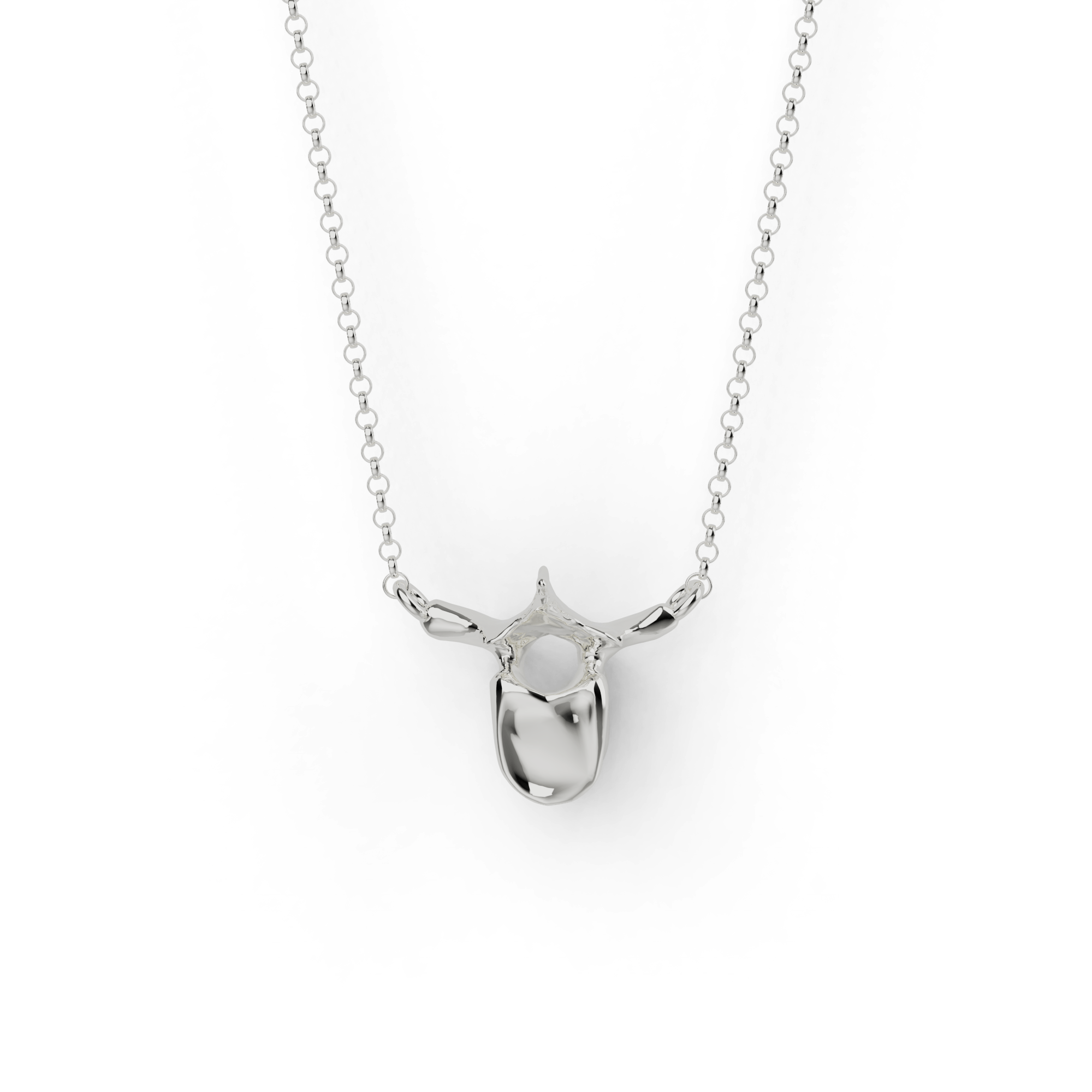 Close-up of a silver thoracic vertebra necklace on a chain, showcasing detailed 3D-printed craftsmanship. Close-up of a silver thoracic vertebra necklace on a chain, showcasing detailed 3D-printed craftsmanship.