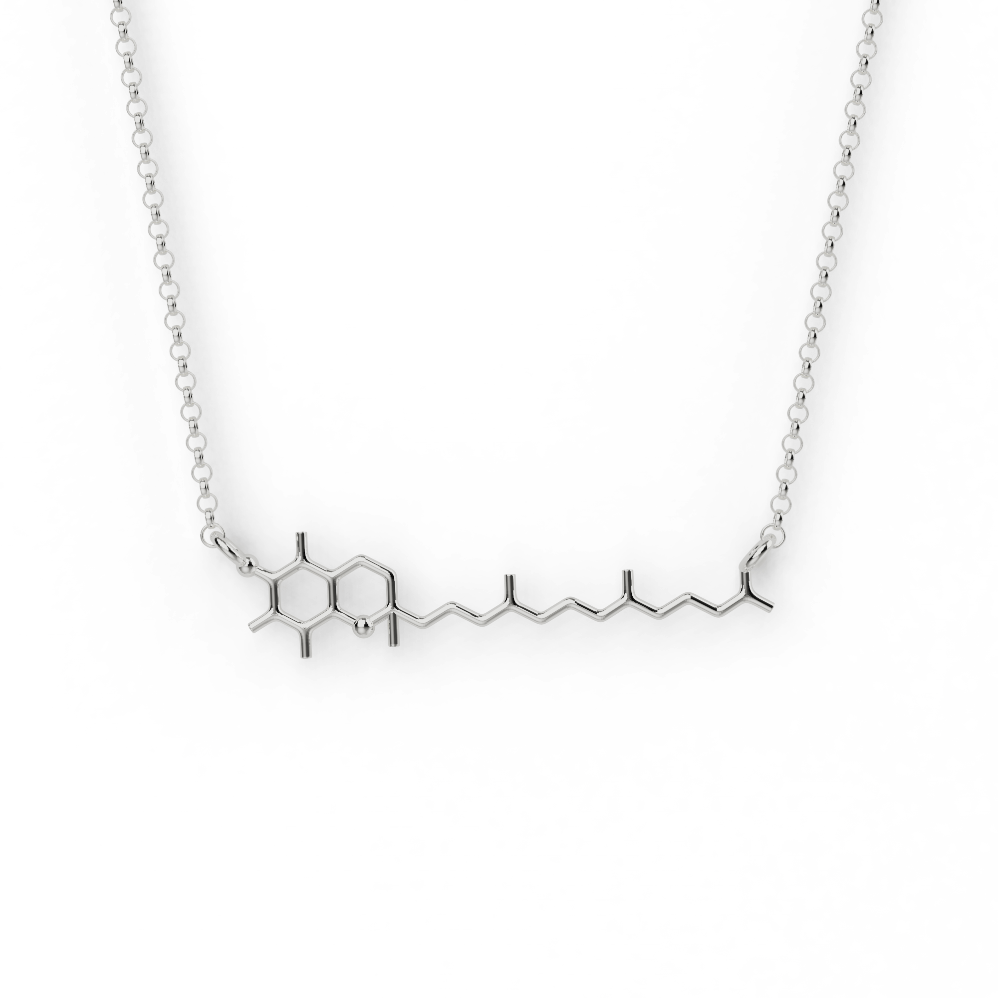 Tocopherol necklace in sterling silver, showcasing the molecular structure of Vitamin E. Tocopherol necklace in sterling silver, showcasing the molecular structure of Vitamin E.