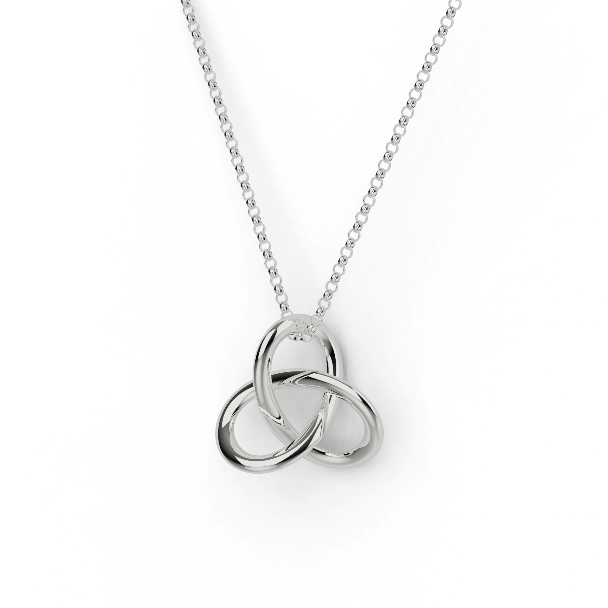Close-up of a silver trefoil knot necklace, inspired by mathematical knot theory. Close-up of a silver trefoil knot necklace, inspired by mathematical knot theory.