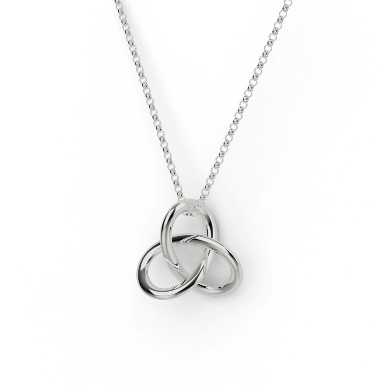 Close-up of a silver trefoil knot necklace, inspired by mathematical knot theory. Close-up of a silver trefoil knot necklace, inspired by mathematical knot theory.