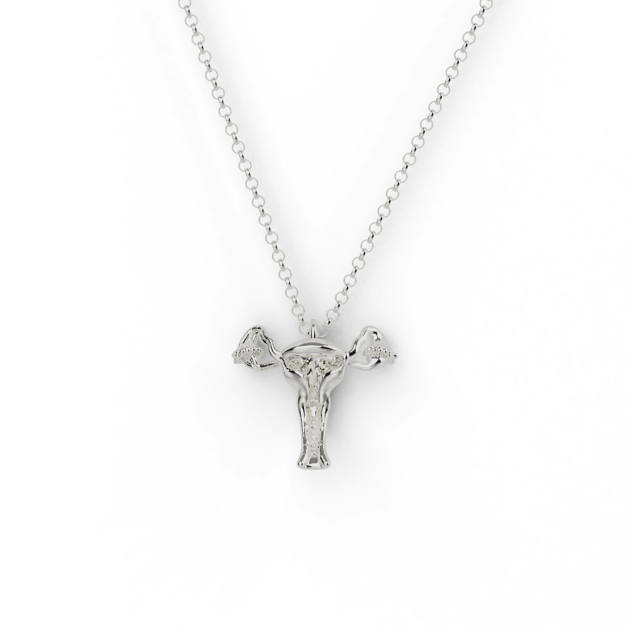Sterling silver uterus necklace featuring a detailed anatomical design, hanging on a delicate chain. A perfect science-inspired jewelry piece. Sterling silver uterus necklace featuring a detailed anatomical design, hanging on a delicate chain. A perfect science-inspired jewelry piece.