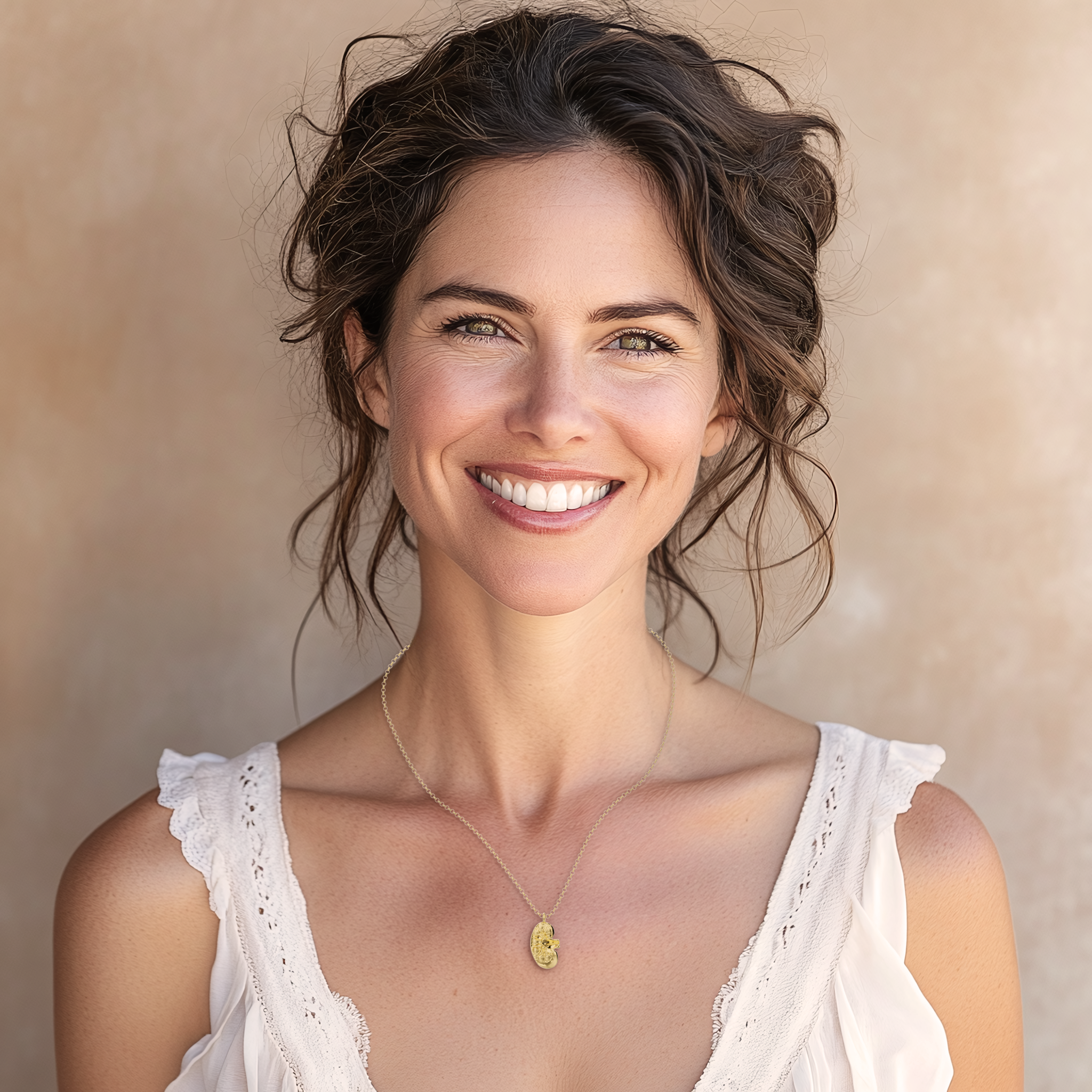 Model wearing the Gold Vermeil Kidney Necklace, a tribute to the body’s kidneys. Model wearing the Gold Vermeil Kidney Necklace, a tribute to the body’s kidneys.