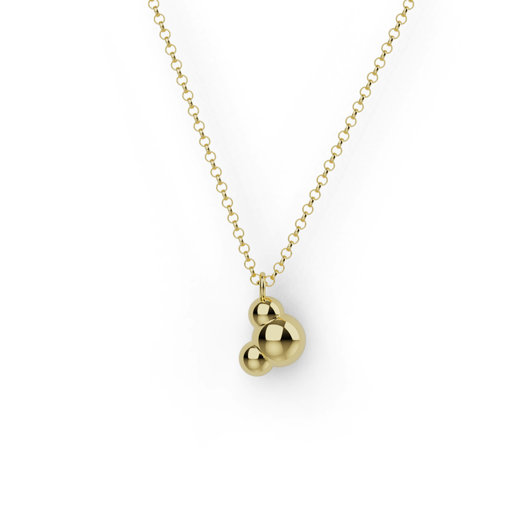 H2O Necklace in gold vermeil, showcasing the water molecule structure in elegant gold plating. H2O Necklace in gold vermeil, showcasing the water molecule structure in elegant gold plating.