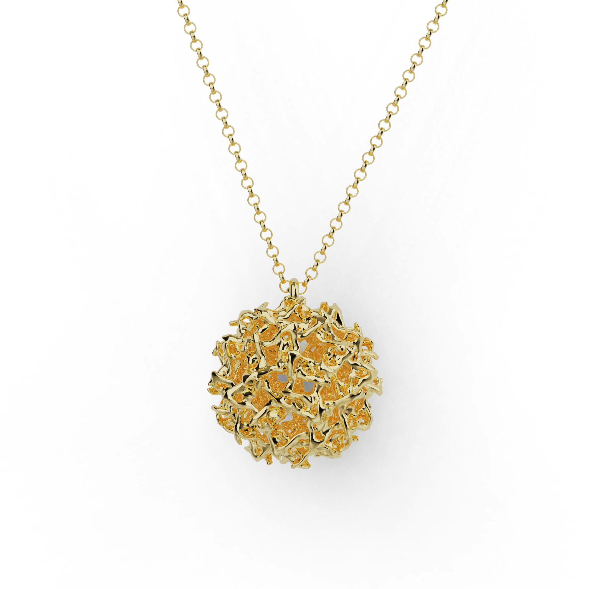 Gold vermeil West Nile Virus necklace with a detailed spherical virus-inspired design, crafted for science lovers and fashion enthusiasts. Gold vermeil West Nile Virus necklace with a detailed spherical virus-inspired design, crafted for science lovers and fashion enthusiasts.
