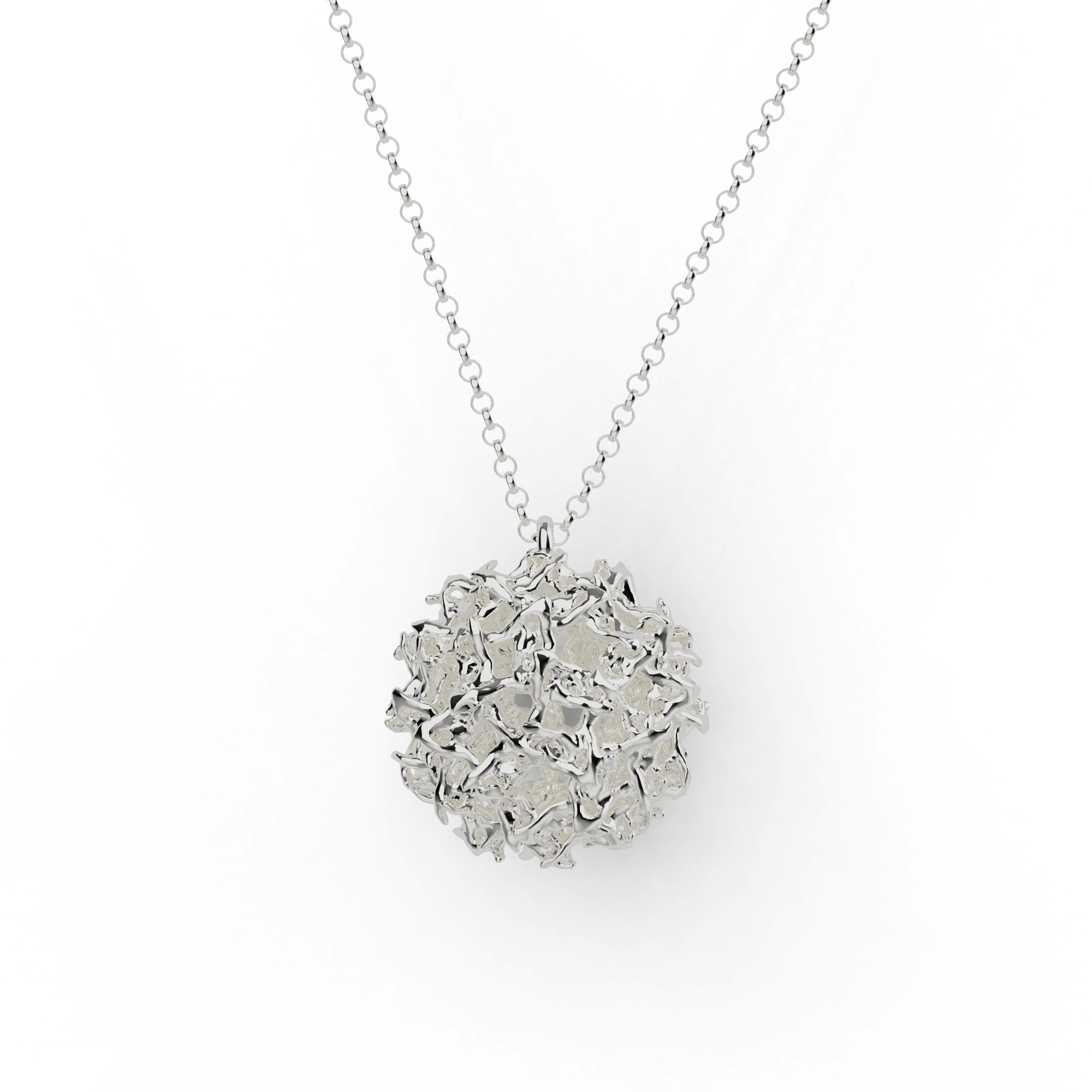 Sterling silver West Nile Virus necklace with a detailed spherical virus-inspired design, perfect for science lovers. Sterling silver West Nile Virus necklace with a detailed spherical virus-inspired design, perfect for science lovers.