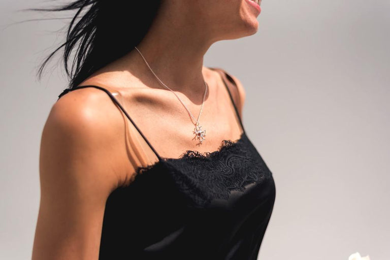 Astrocyte Necklace in sterling silver hanging elegantly, highlighting its star-shaped cell-inspired design. Astrocyte Necklace in sterling silver hanging elegantly, highlighting its star-shaped cell-inspired design.