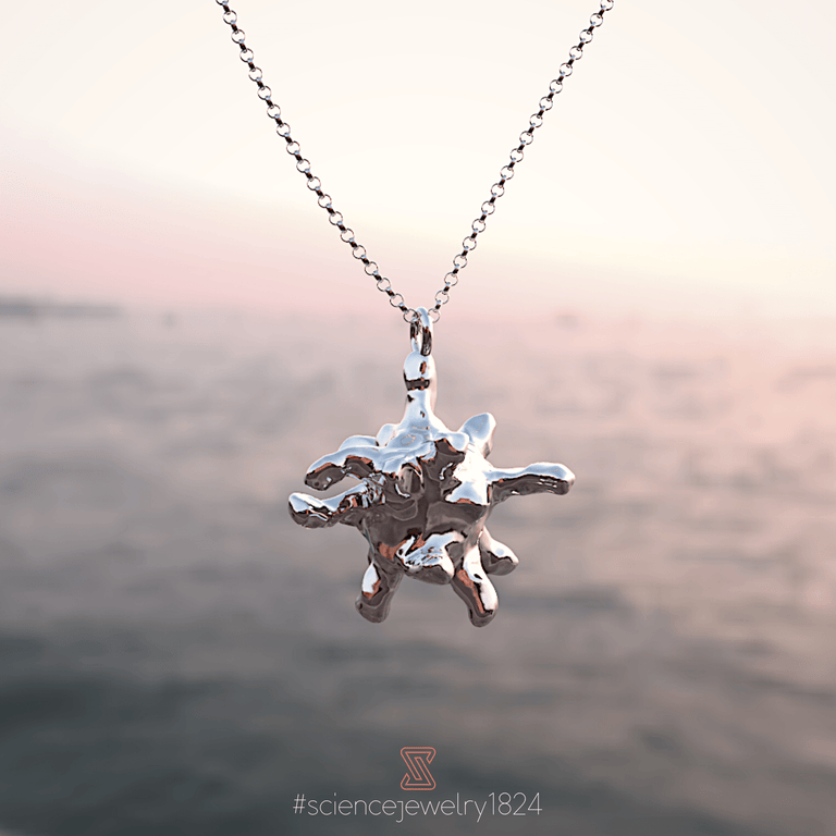 Silver macrophage pendant on a delicate chain, designed for scientists, students, and microbiology enthusiasts. Silver macrophage pendant on a delicate chain, designed for scientists, students, and microbiology enthusiasts.