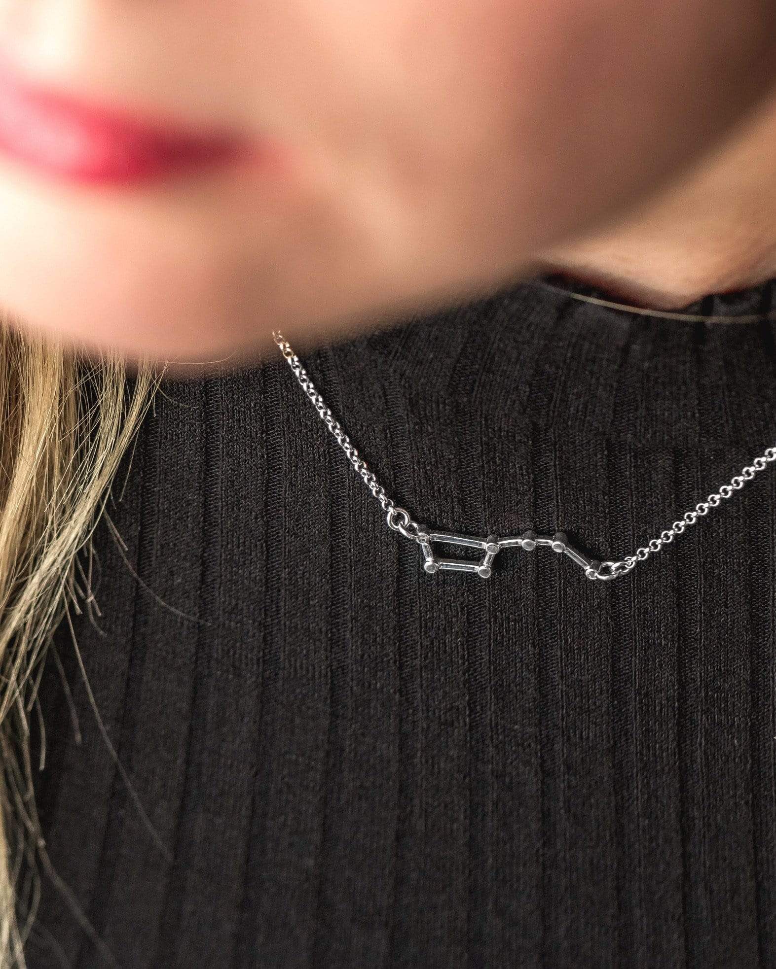 Close-up of the Ursa Major necklace showing the Big Dipper constellation detail in silver. Close-up of the Ursa Major necklace showing the Big Dipper constellation detail in silver.