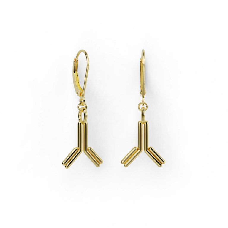 Gold vermeil antibody earrings shaped like Y-proteins, elegant science jewelry inspired by immunology.
