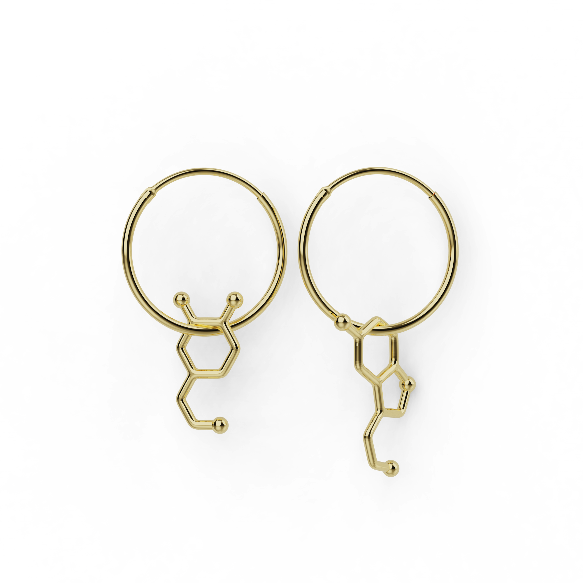 Gold vermeil dopamine serotonin earrings showing molecular structures of mood-boosting neurotransmitters.