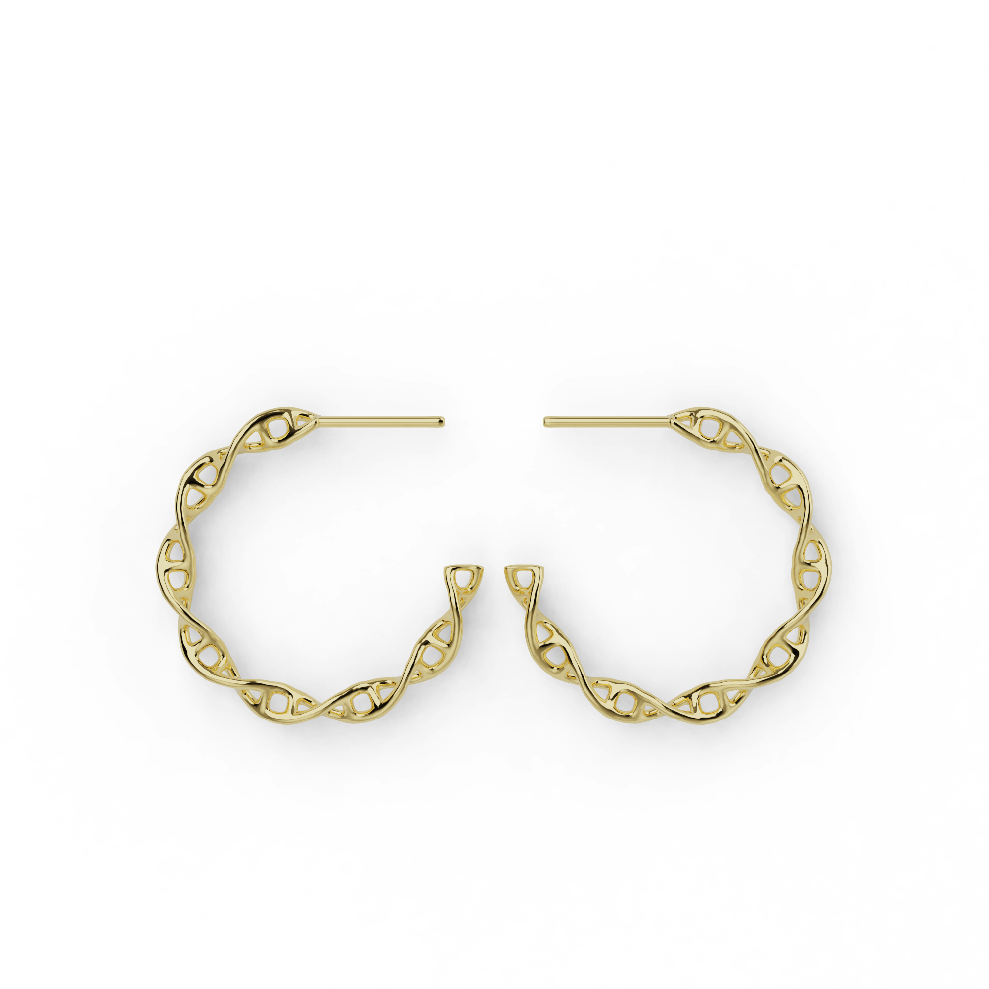 Small gold vermeil DNA earrings with open double helix hoop design, inspired by molecular biology.
