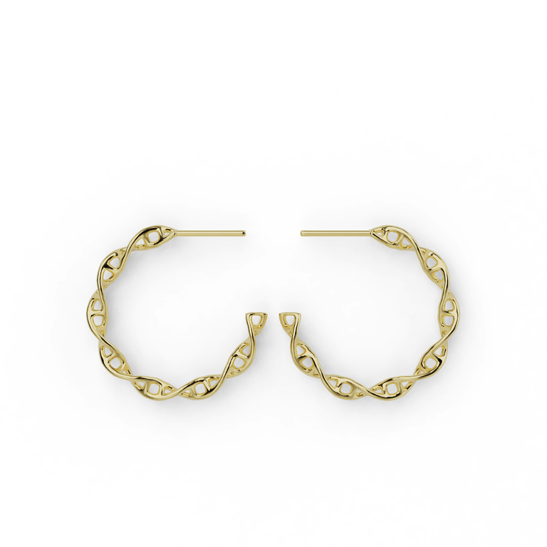 Small gold vermeil DNA earrings with open double helix hoop design, inspired by molecular biology.