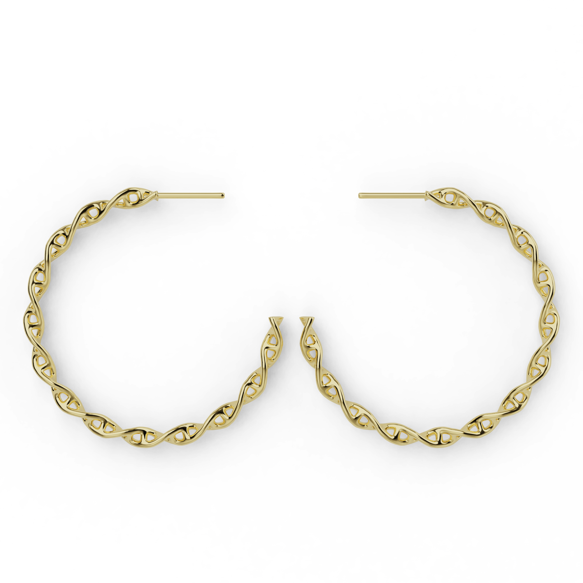 Gold vermeil DNA earrings in large hoop style with elegant double helix design, inspired by molecular biology.