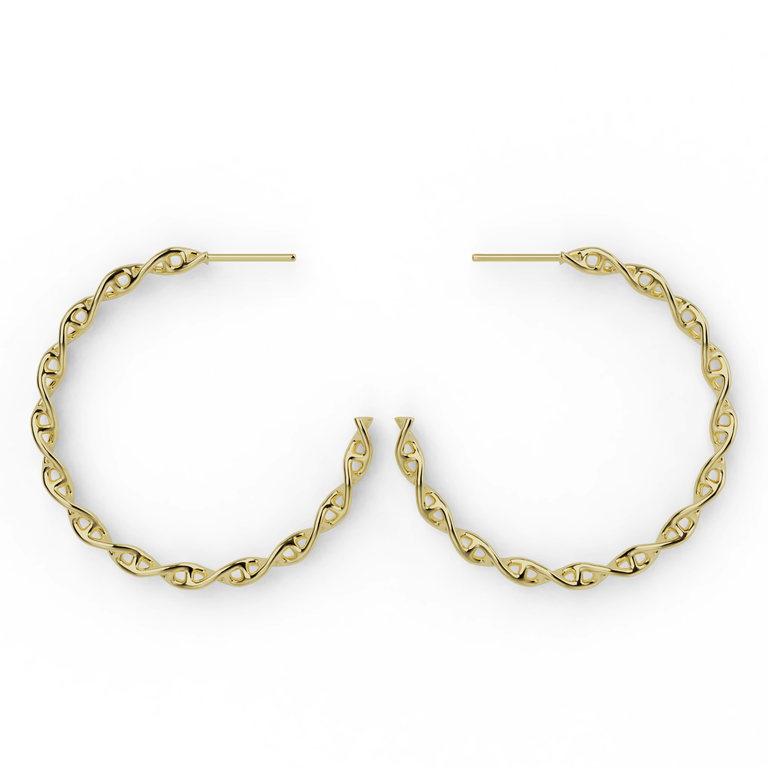 Gold vermeil DNA earrings in large hoop style with elegant double helix design, inspired by molecular biology.