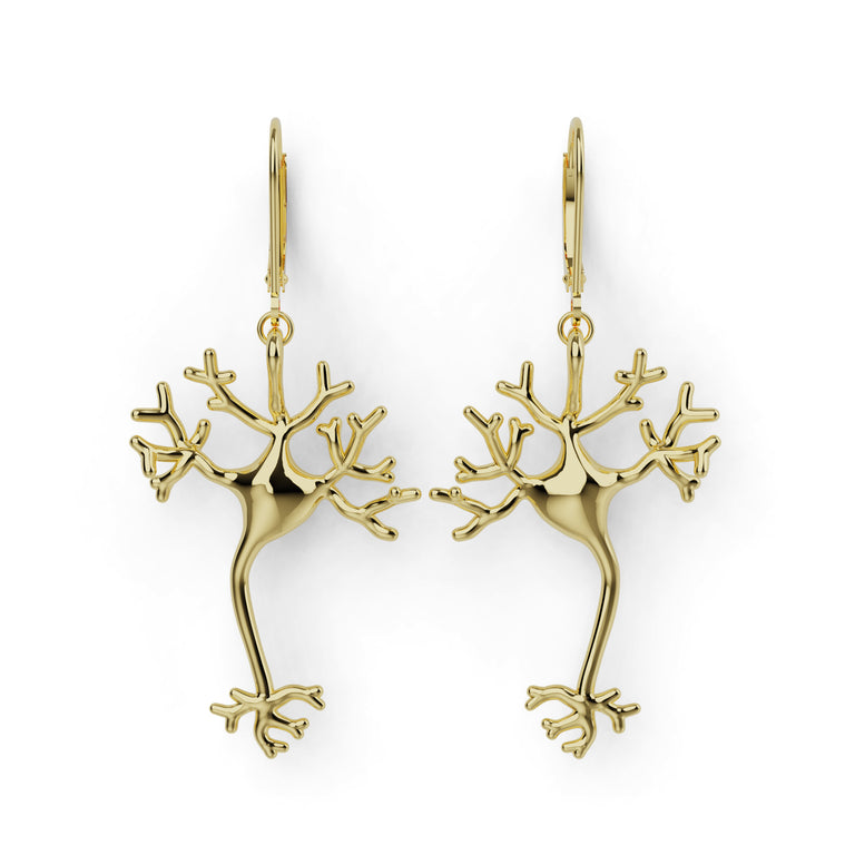 Gold vermeil neuron earrings with detailed dendrite design, inspired by brain cells, elegant science jewelry.