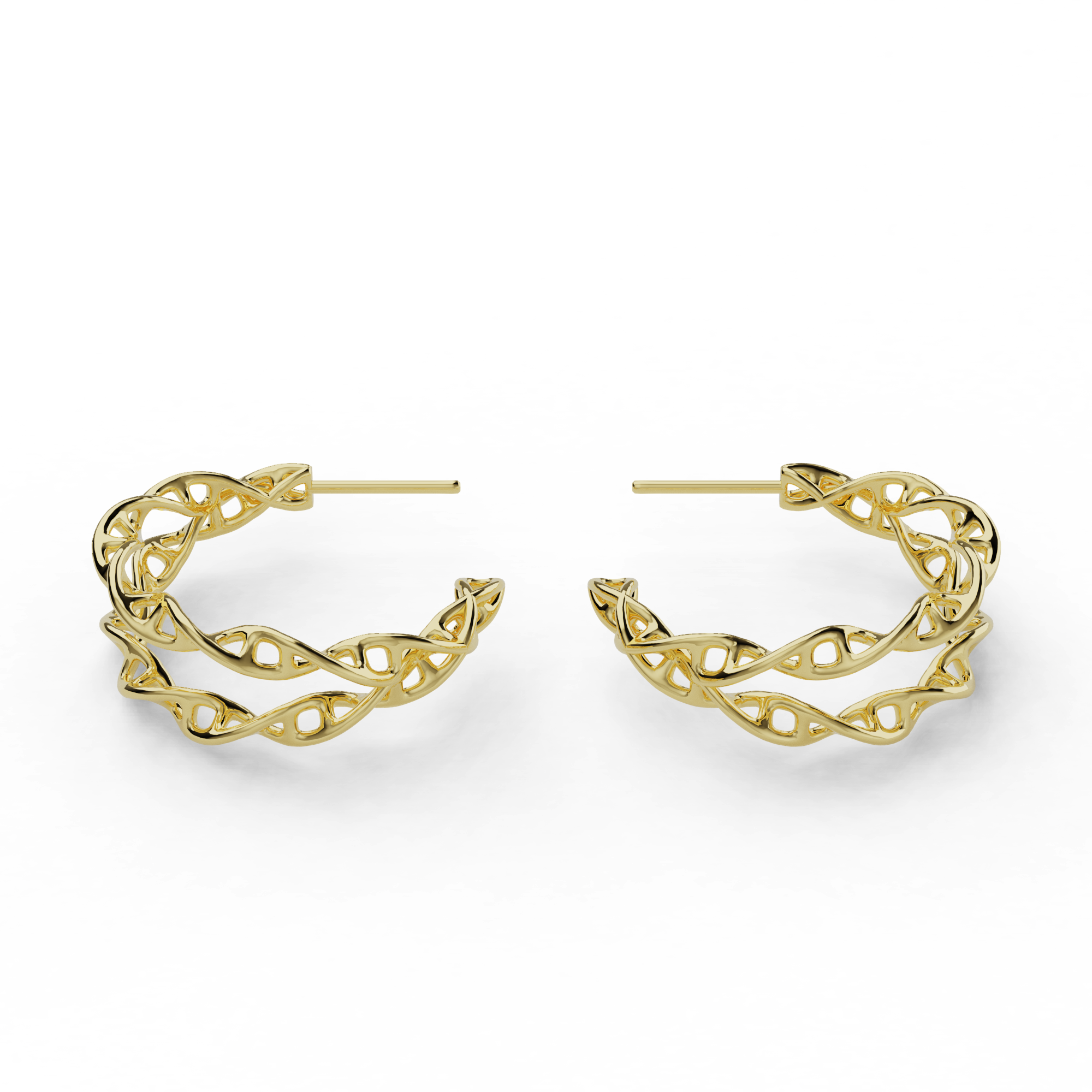Gold vermeil DNA earrings in crossed hoop design, inspired by the double helix structure.