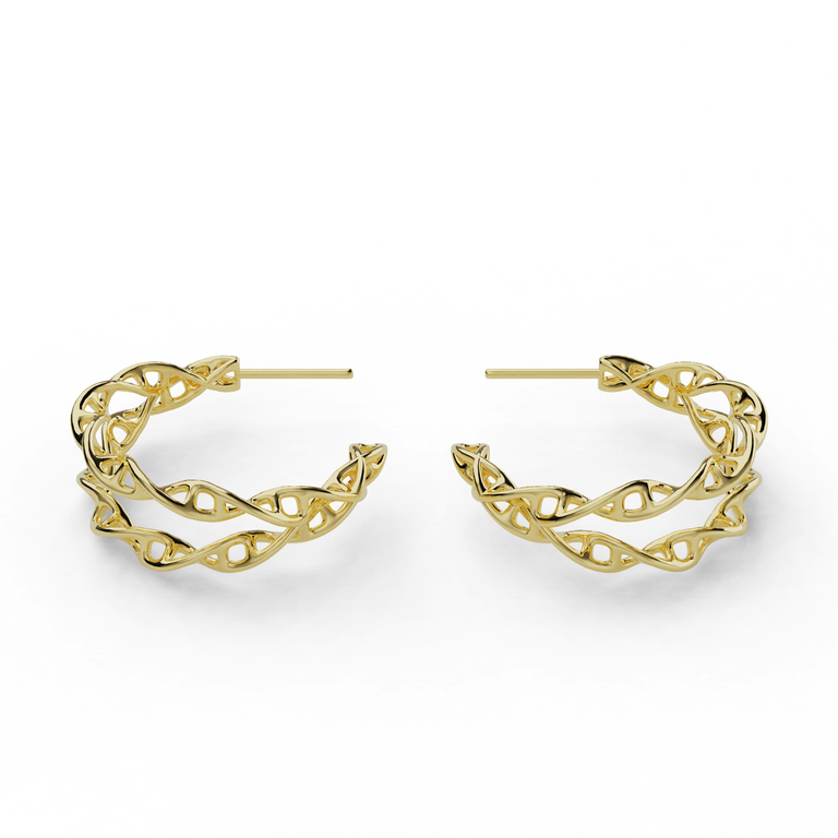 Gold vermeil DNA earrings in crossed hoop design, inspired by the double helix structure.