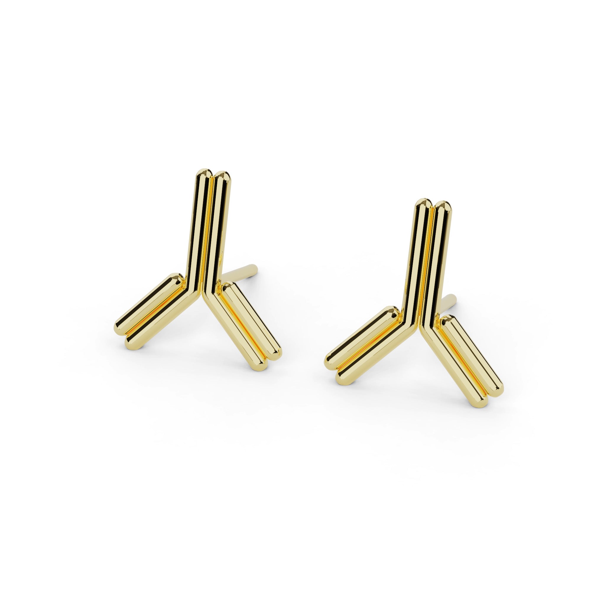 Close-up of gold vermeil antibody earrings shaped like Y-shaped immunoglobulins – perfect science gift in precious metal.