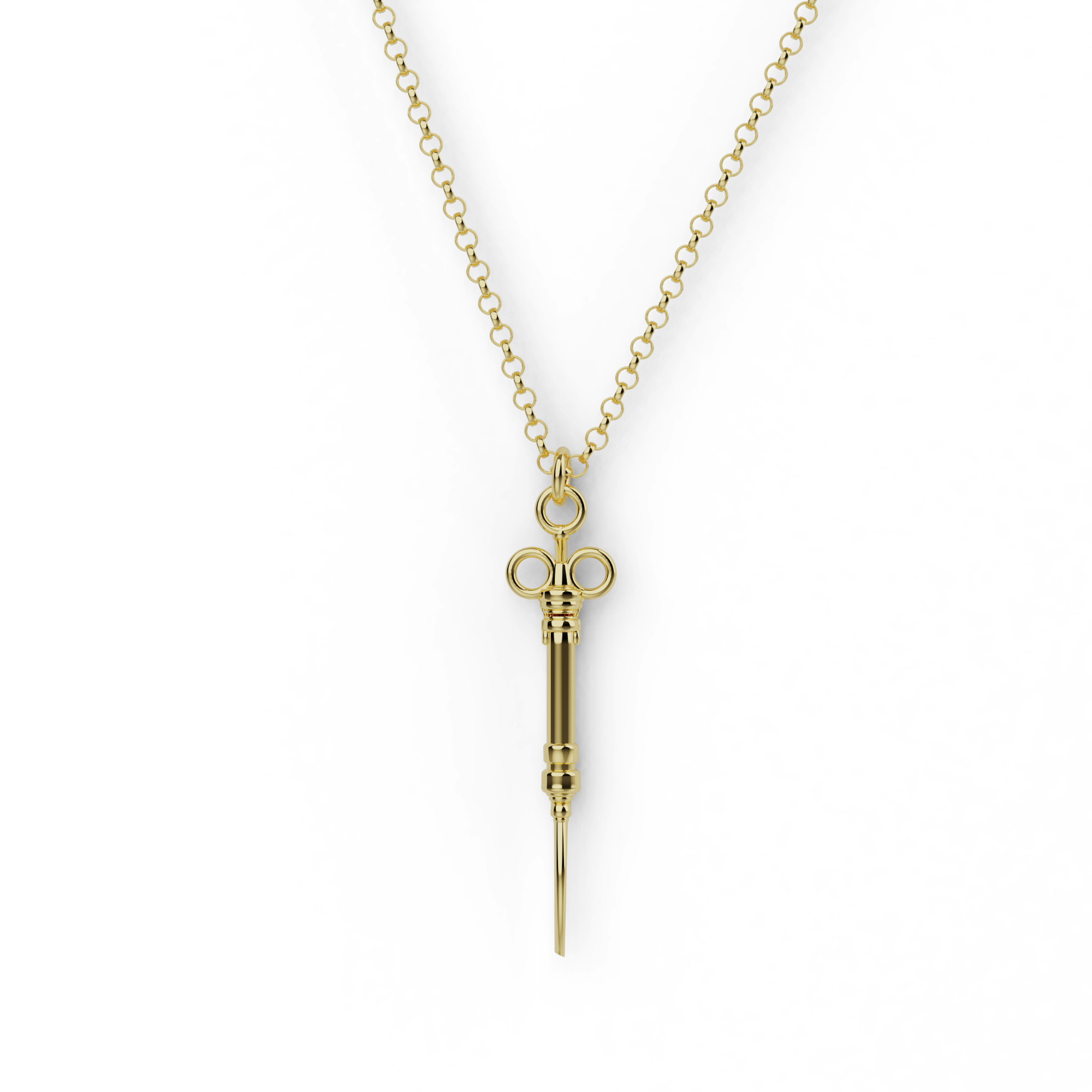 Gold vermeil syringe necklace with detailed barrel and needle charm – science-inspired medical jewelry