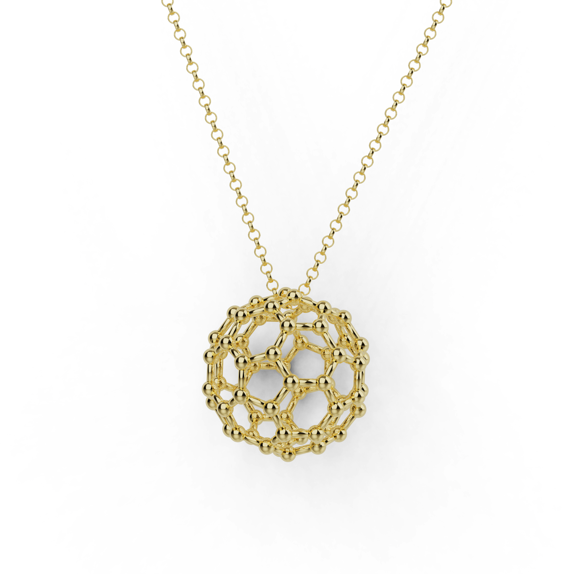 Vermeil gold buckyball necklace featuring a spherical C60 molecule-inspired pendant, elegant science jewelry.