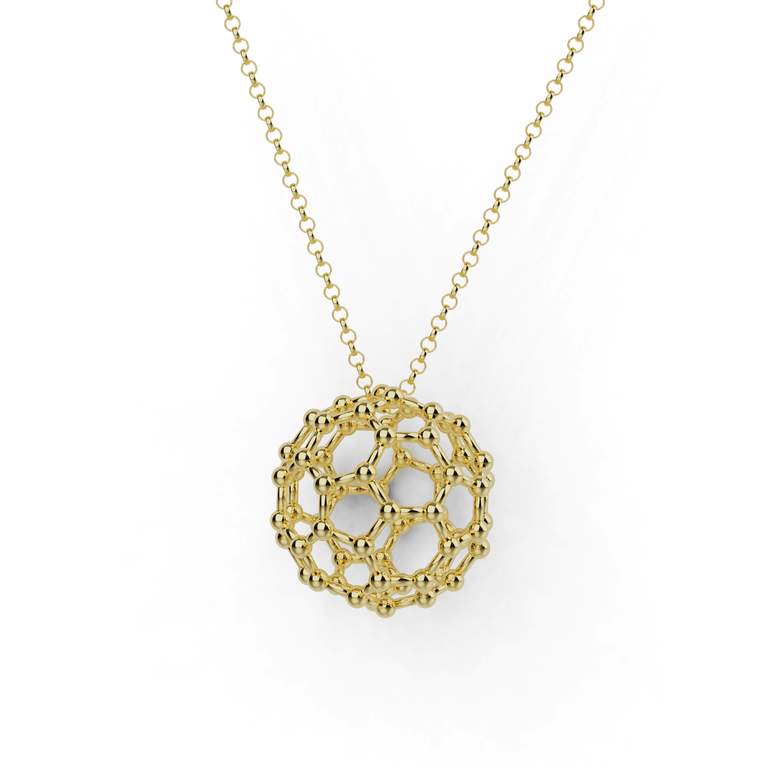 Vermeil gold buckyball necklace featuring a spherical C60 molecule-inspired pendant, elegant science jewelry.