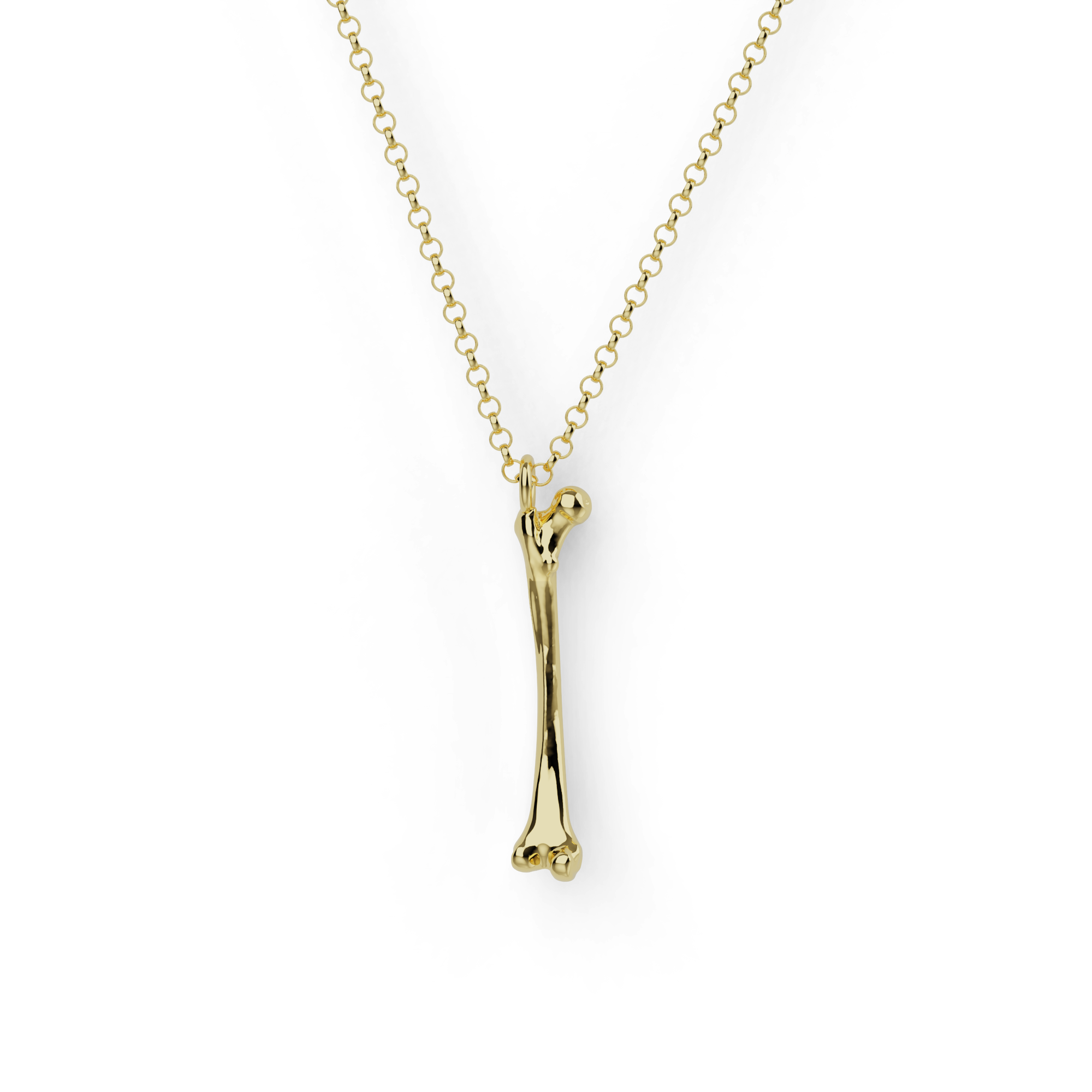 Close-up of gold vermeil femur necklace pendant with realistic anatomical detail – femur necklace for science lovers