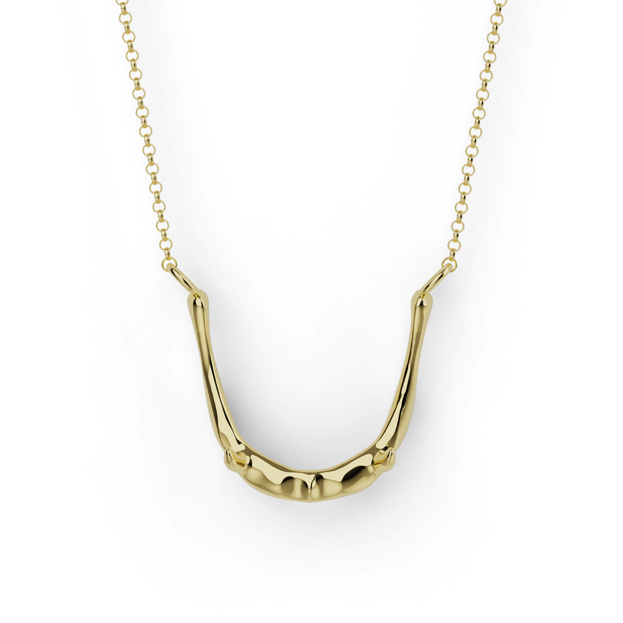 Vermeil gold hyoid bone necklace with horseshoe-shaped anatomical pendant, elegant science jewelry.