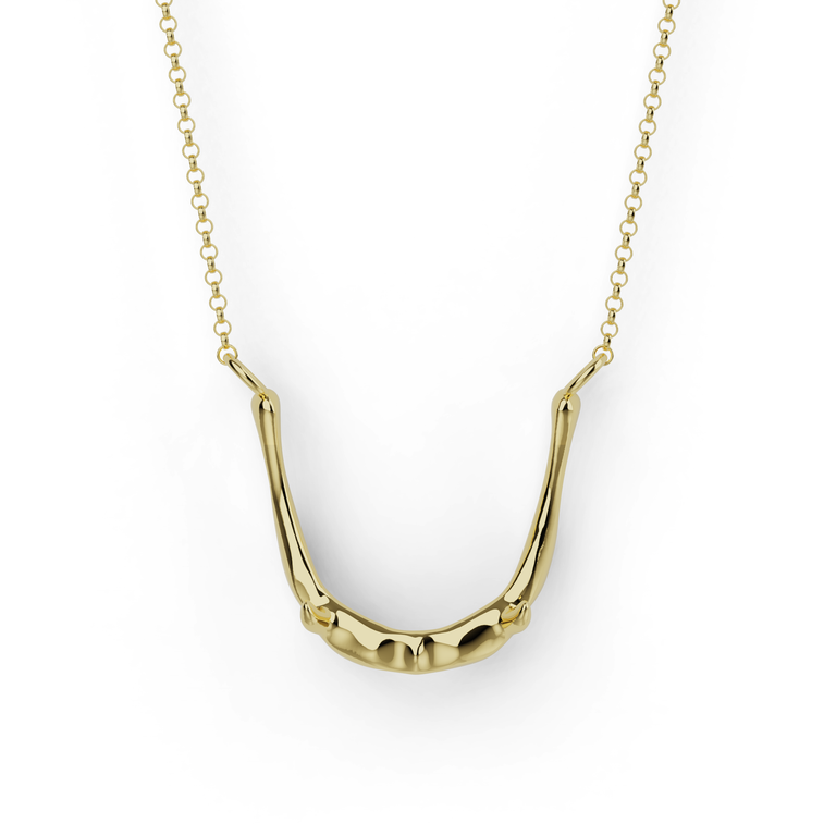 Vermeil gold hyoid bone necklace with horseshoe-shaped anatomical pendant, elegant science jewelry.