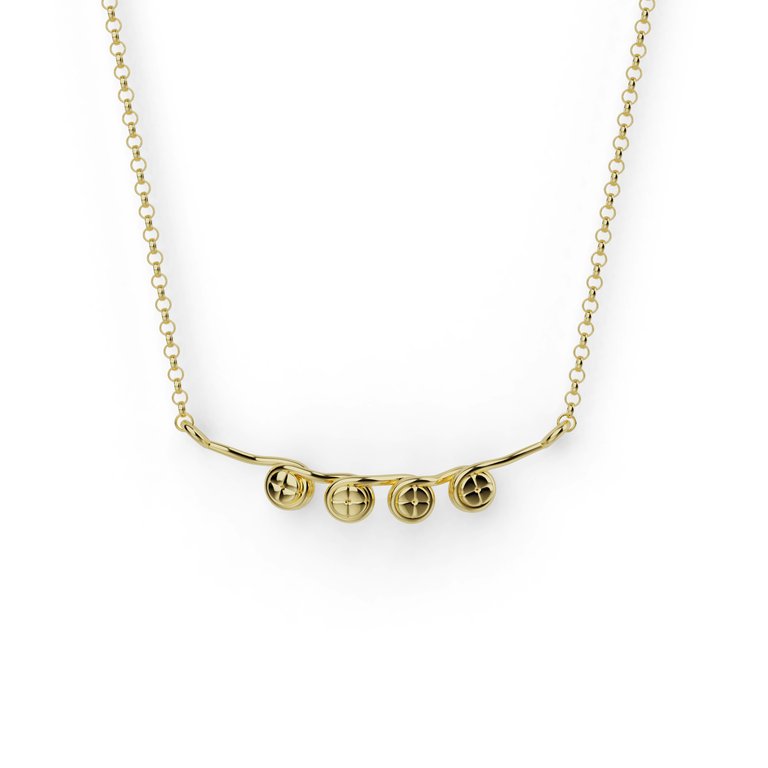 Gold vermeil nucleosomes necklace featuring DNA wrapped elegantly around protein spool design.