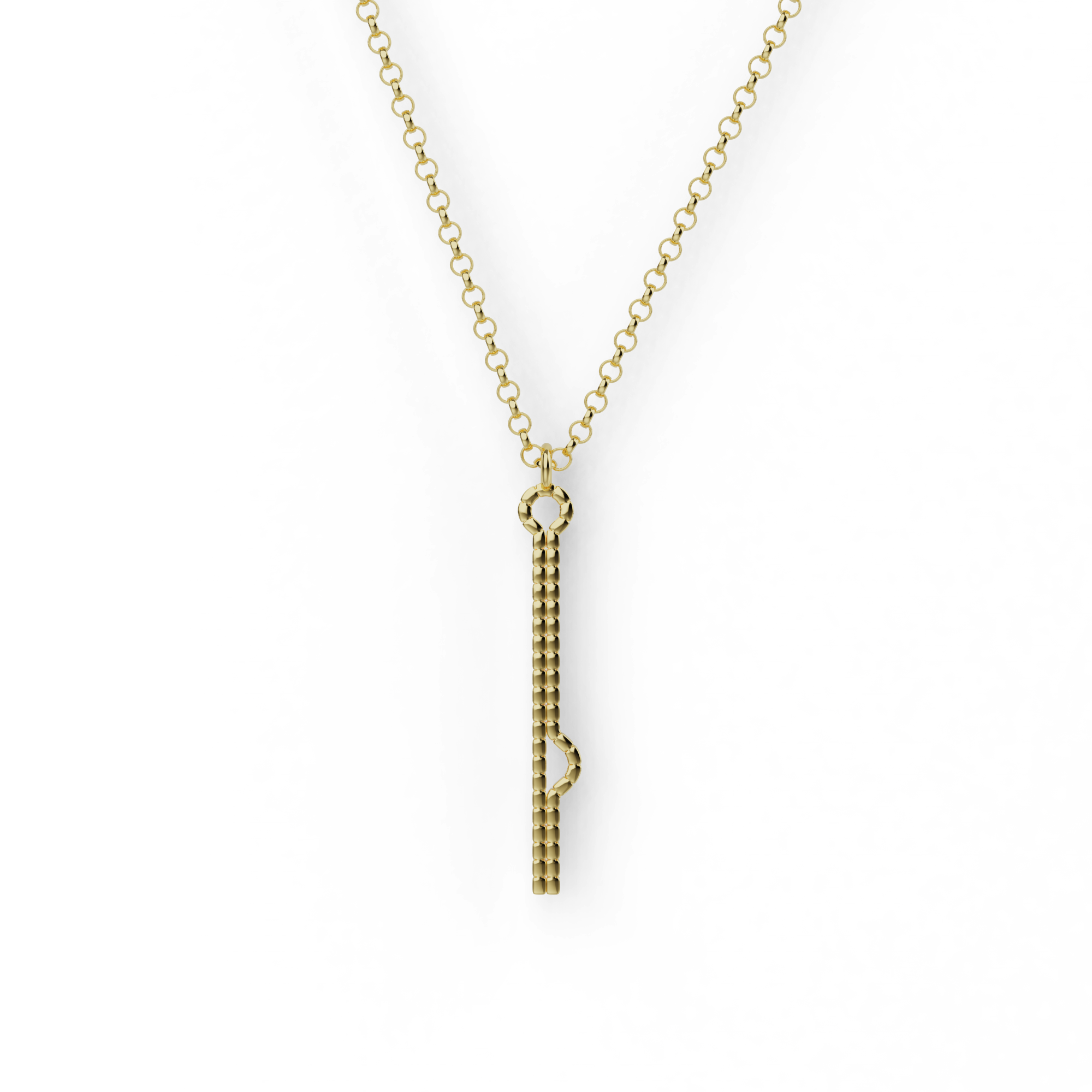 Vertical shRNA necklace in gold vermeil with pendant inspired by short hairpin RNA structure.