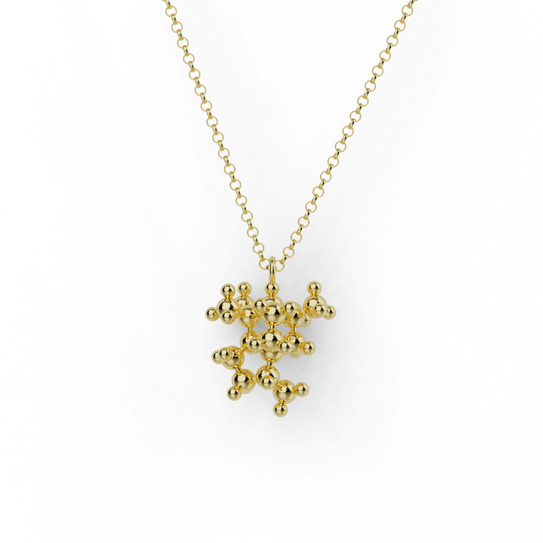 Vermeil gold juniper necklace featuring molecular camphor-inspired pendant, elegant science jewelry.