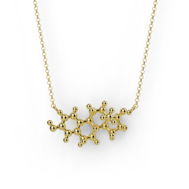 Vermeil gold estrogen necklace featuring detailed hormone molecule pendant, elegant science jewelry.