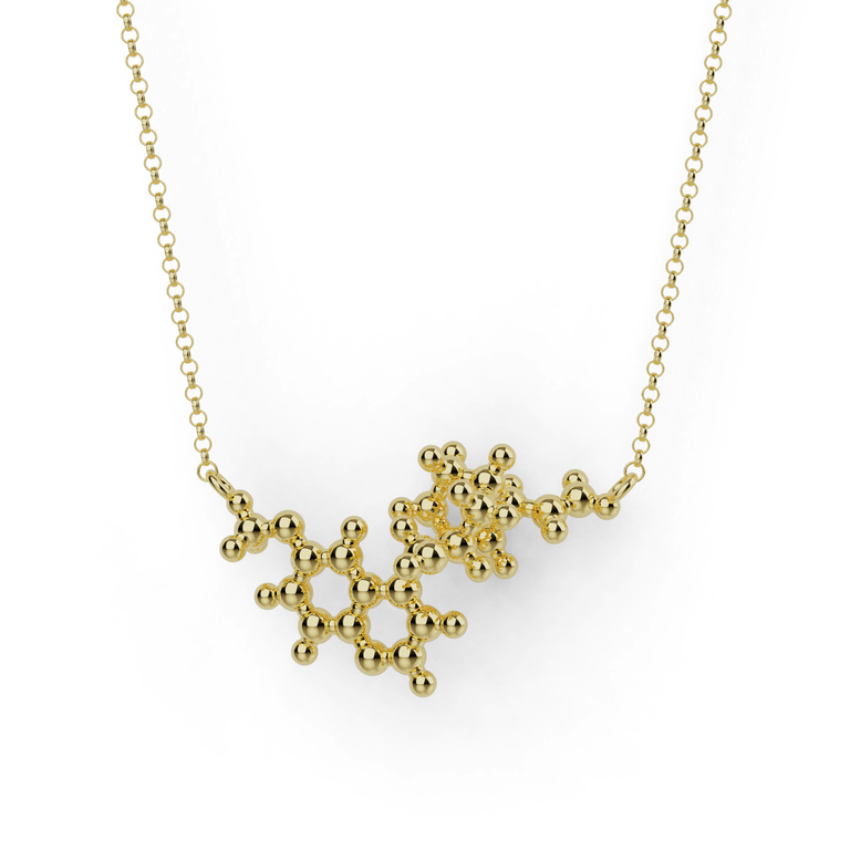 Gold vermeil quinine necklace with pendant shaped like the molecular structure of quinine.
