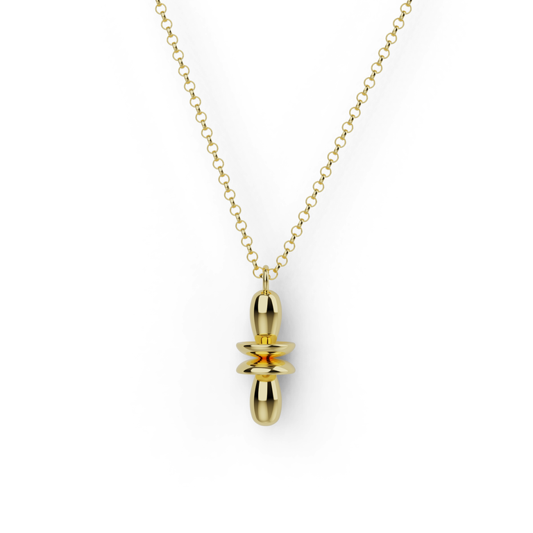 Gold vermeil orbital necklace inspired by atomic electron orbitals.