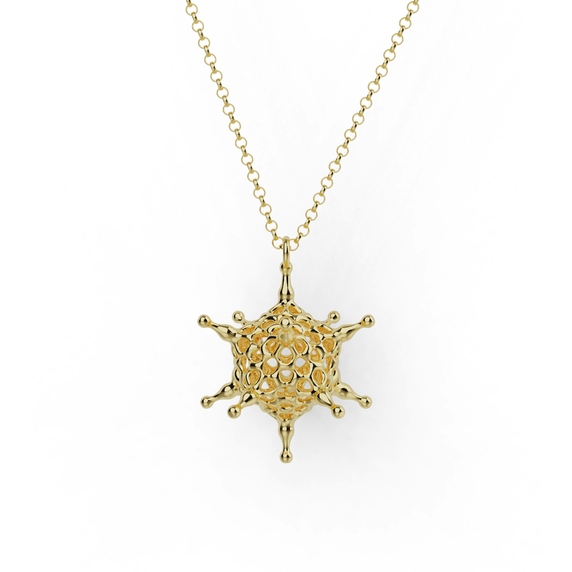 Gold vermeil adenovirus necklace featuring icosahedral virus design, science jewelry for biologists
