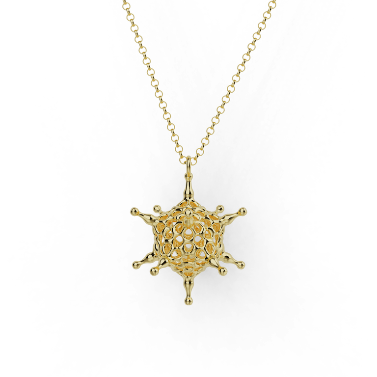 Gold vermeil adenovirus necklace featuring icosahedral virus design, science jewelry for biologists