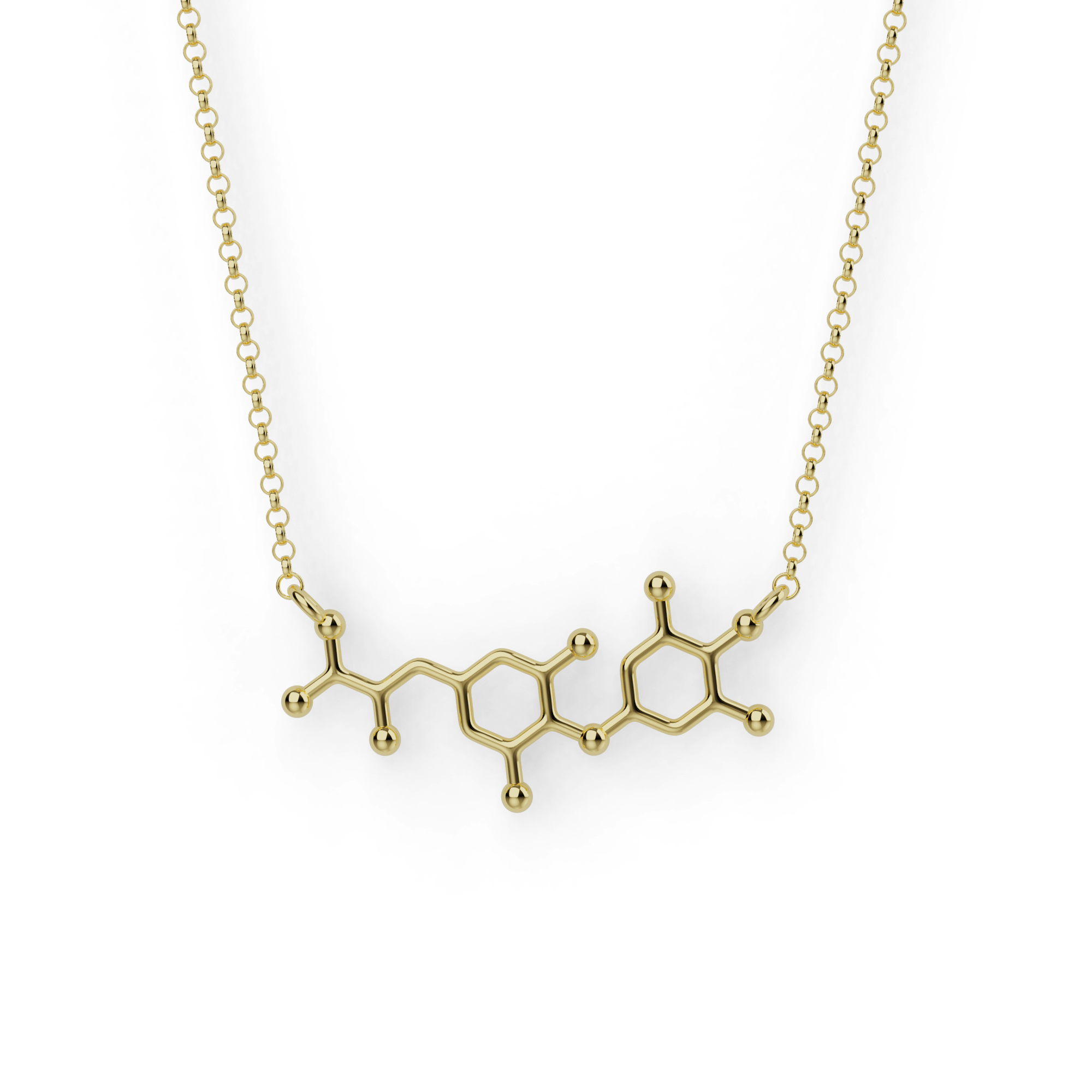Gold vermeil T4 thyroid hormone necklace showing thyroxine molecular structure