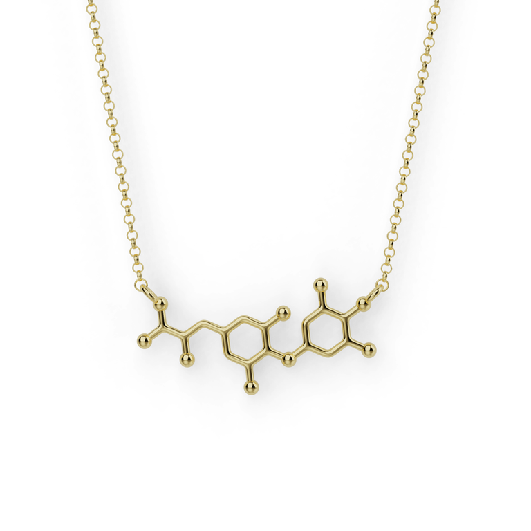 Gold vermeil T4 thyroid hormone necklace showing thyroxine molecular structure